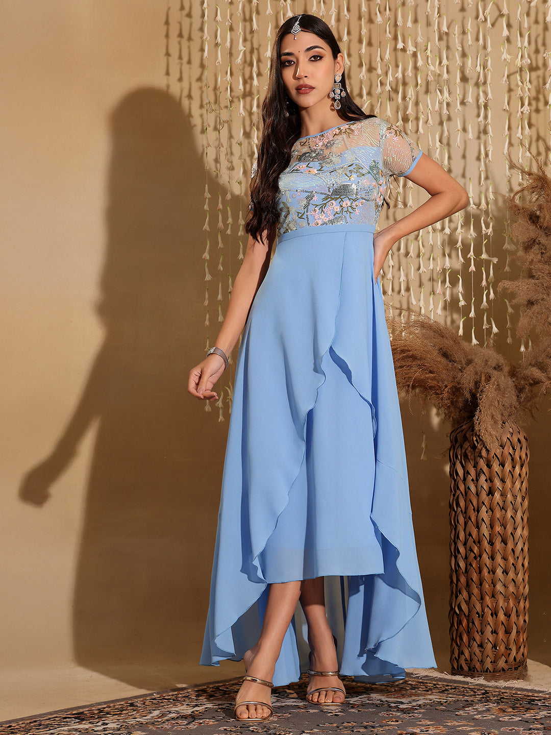 Women's Multicolored-Base-Sky Blue Round Neck Short Sleeve Floral Layered Georgette Midi Dress