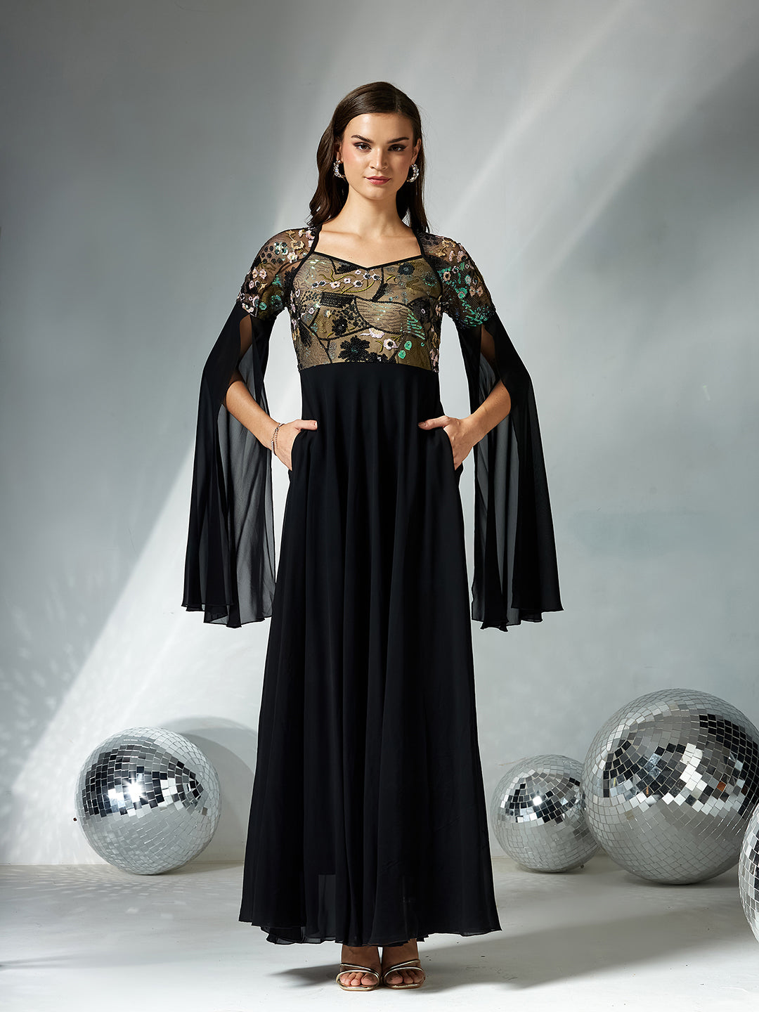 Women's Black Sweet-Heart Full Sleeve Embellished Slit Sleeve Maxi Georgette Dress