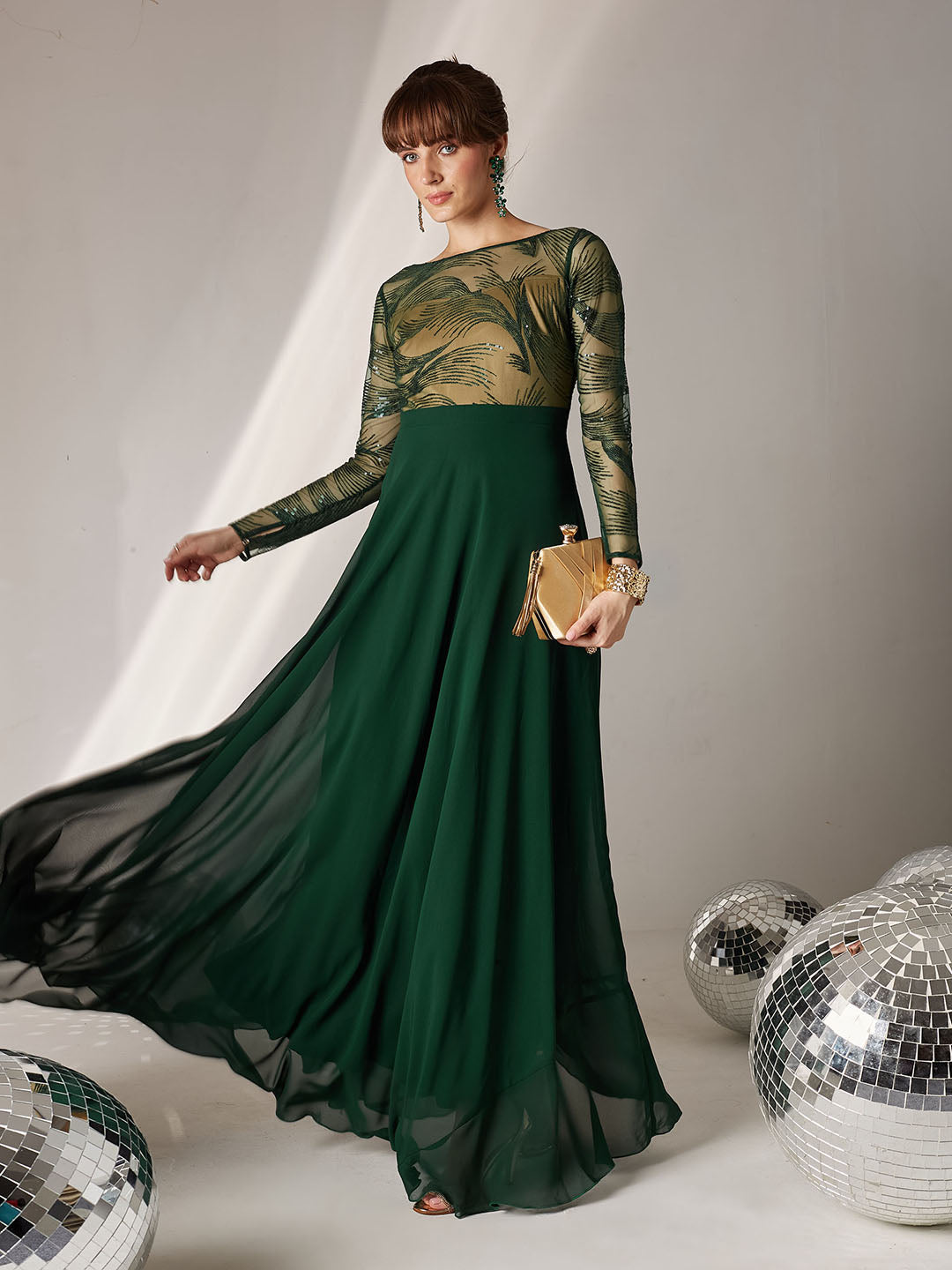 Women's Green & Beige Solid Embellished Maxi Dress