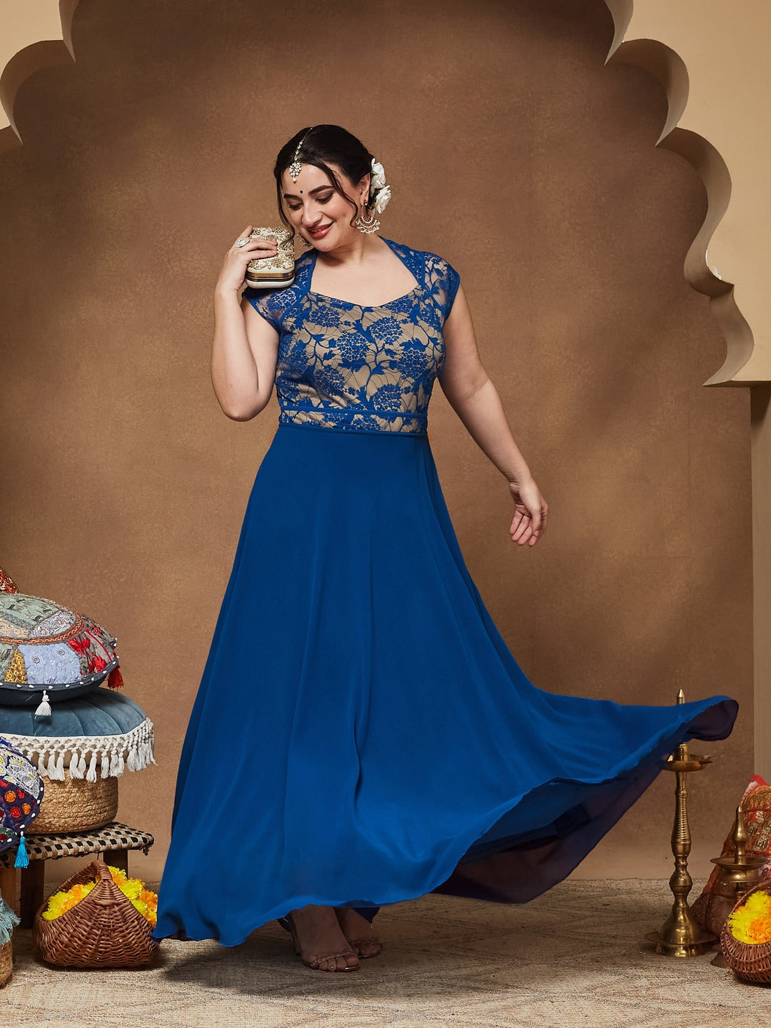 Royal Blue Sweet-Heart Neck Cap-Sleeve Floral Fit & Flare Georgette Maxi Dress for Women