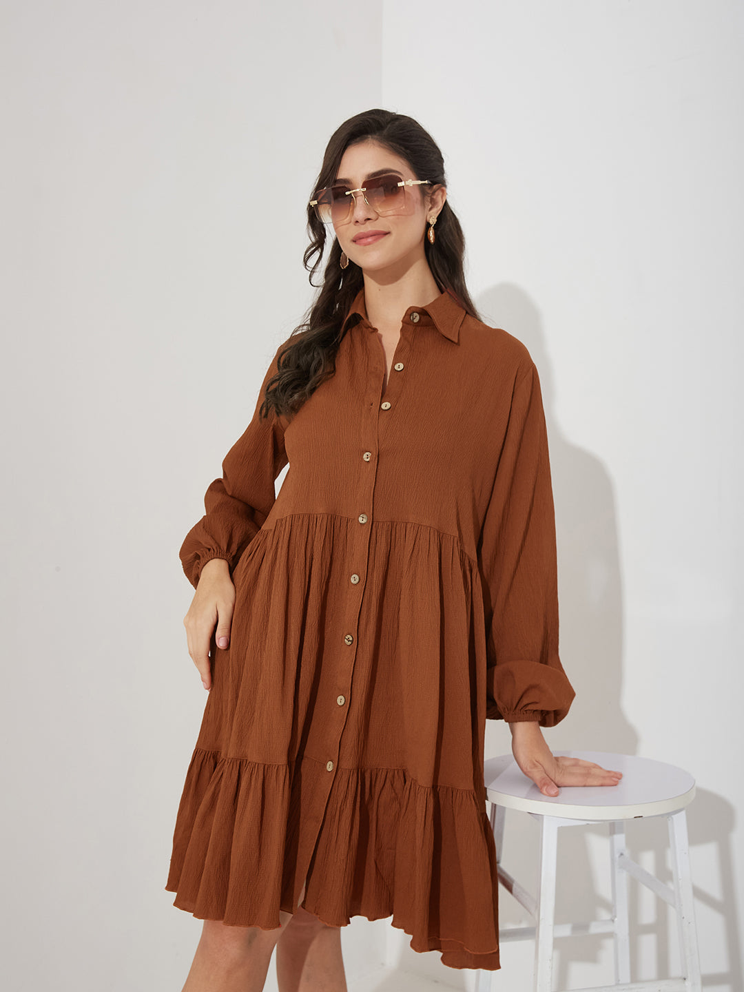 Rust Solid Polyester Shirt Dress with Balloon Sleeves and Tiered Hem for Women