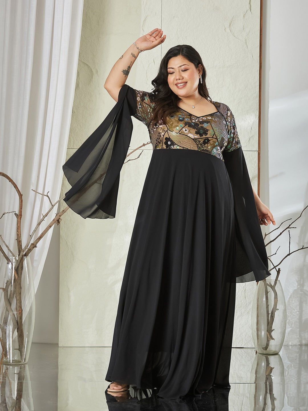 Black Sweet-Heart Full Sleeve Embellished Slit Sleeve Maxi Georgette Dress for Women