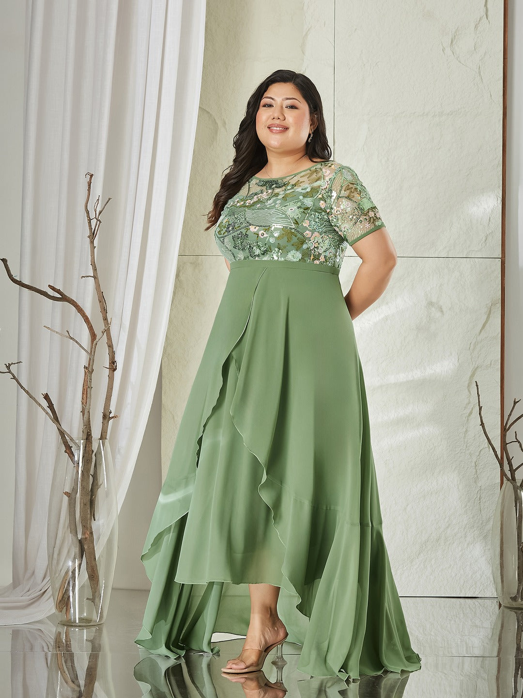Light Green Embellished Layered Georgette Midi Dress for Women