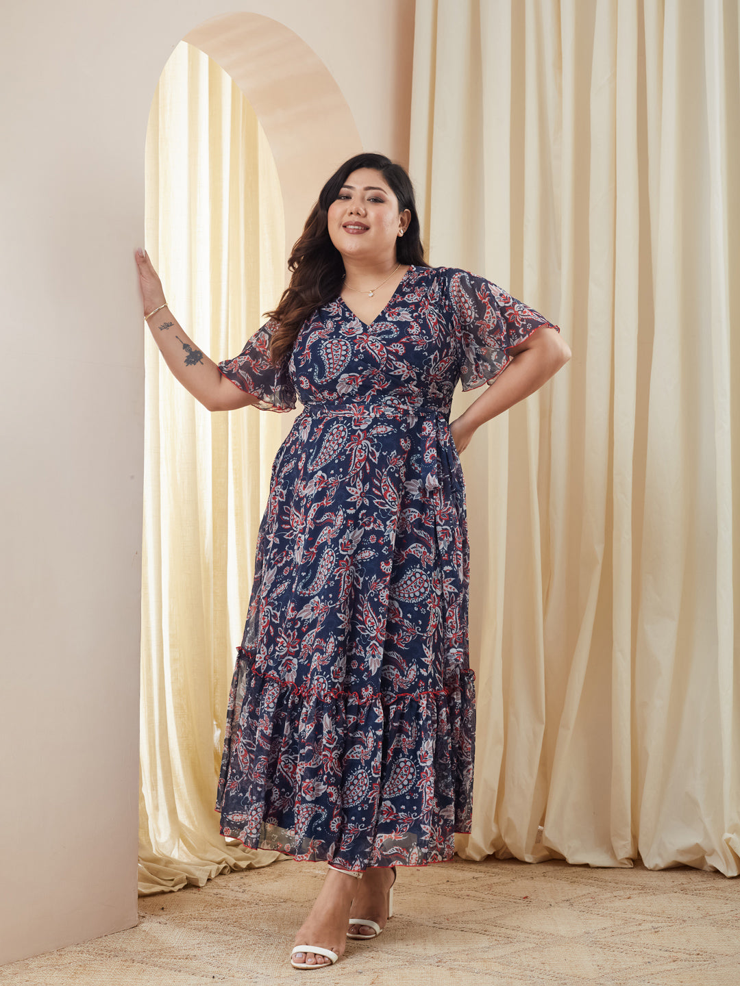 Women's Multicolored Navy Floral Wrap Chiffon Maxi Dress with Flutter  Sleeves & Frilled Hem