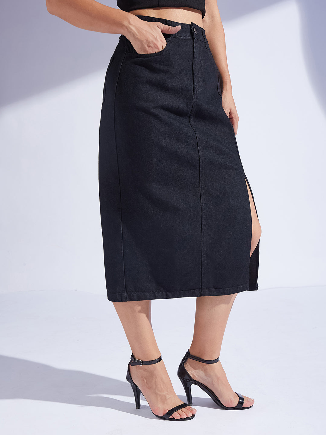 Women's Black Straight-Fit High-Rise Stretchable Denim Midi Skirt