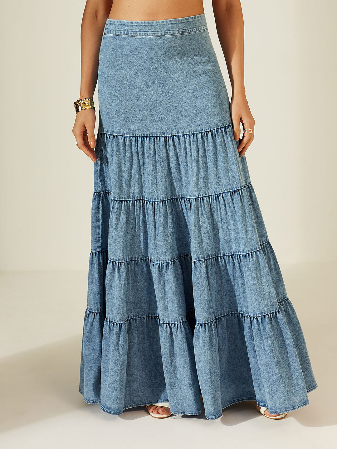 Women’s Light-Blue High-Rise Gathered Maxi Denim Skirt with Tiered Design for Women