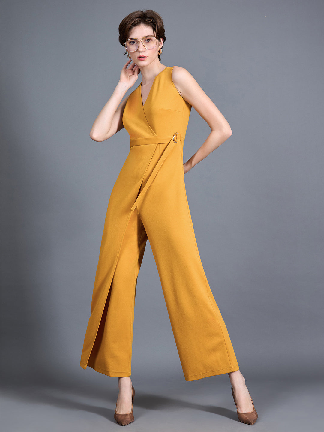 Women's Mustard Yellow V-Neck Sleeveless Solid Wrap Regular Length Jumpsuit