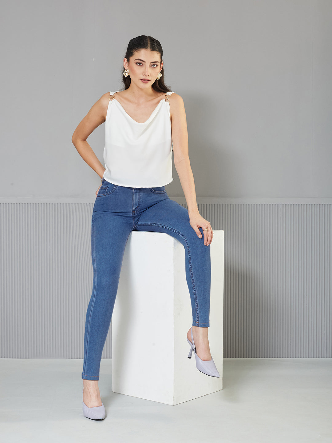 Women's Blue Skinny High-Rise Cropped Denim Jeans