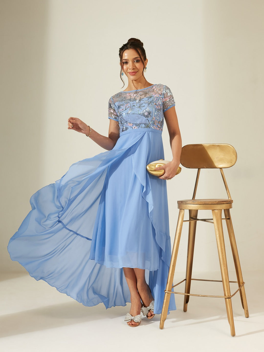 Sky Blue Round Neck Short Sleeve Floral Layered Georgette Midi Dress for Women