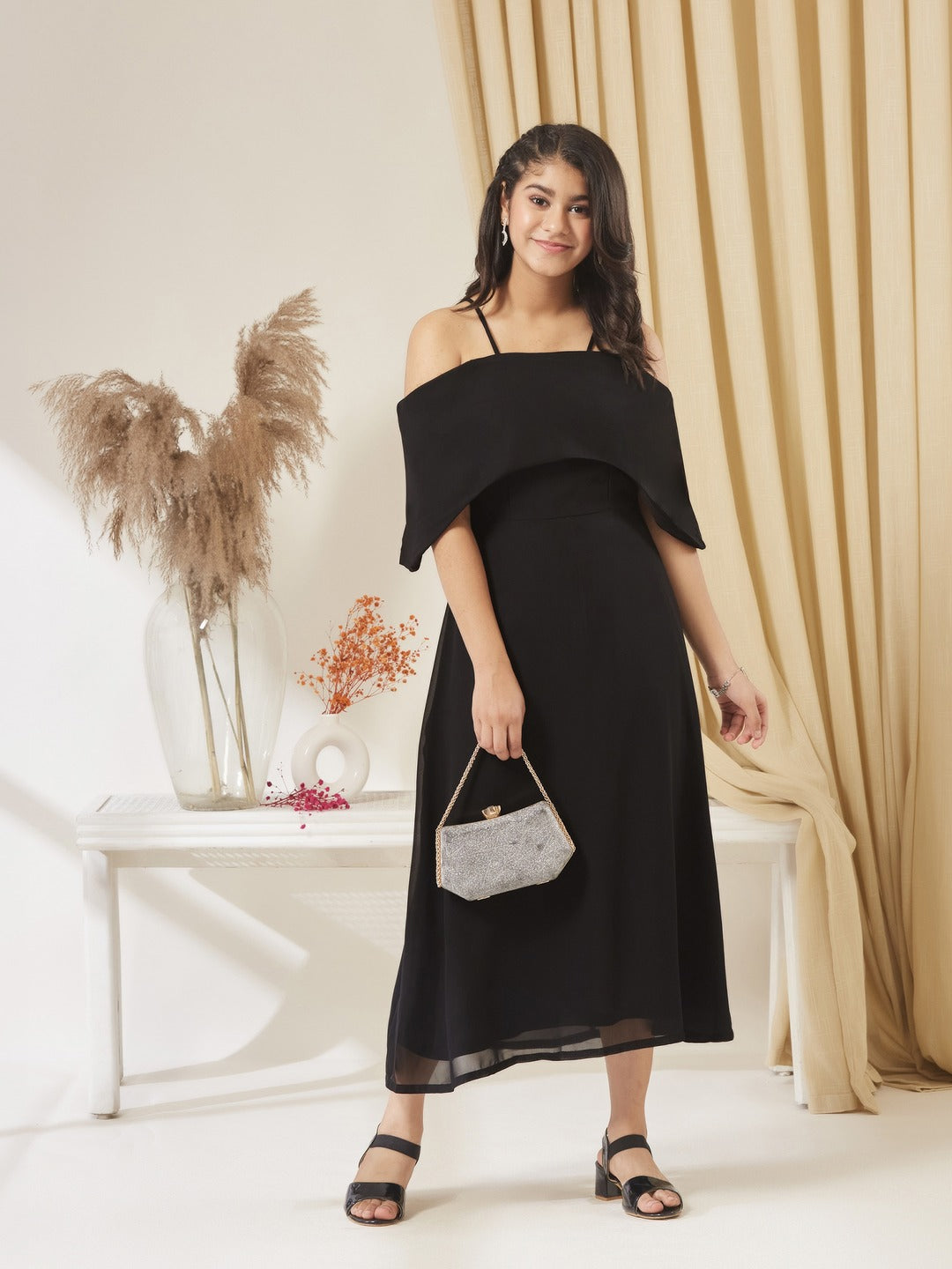 Black Bardot Style Sleeveless Spaghetti Strap Solid Off Shoulder Midi Skater Dress for Girls/Teenagers