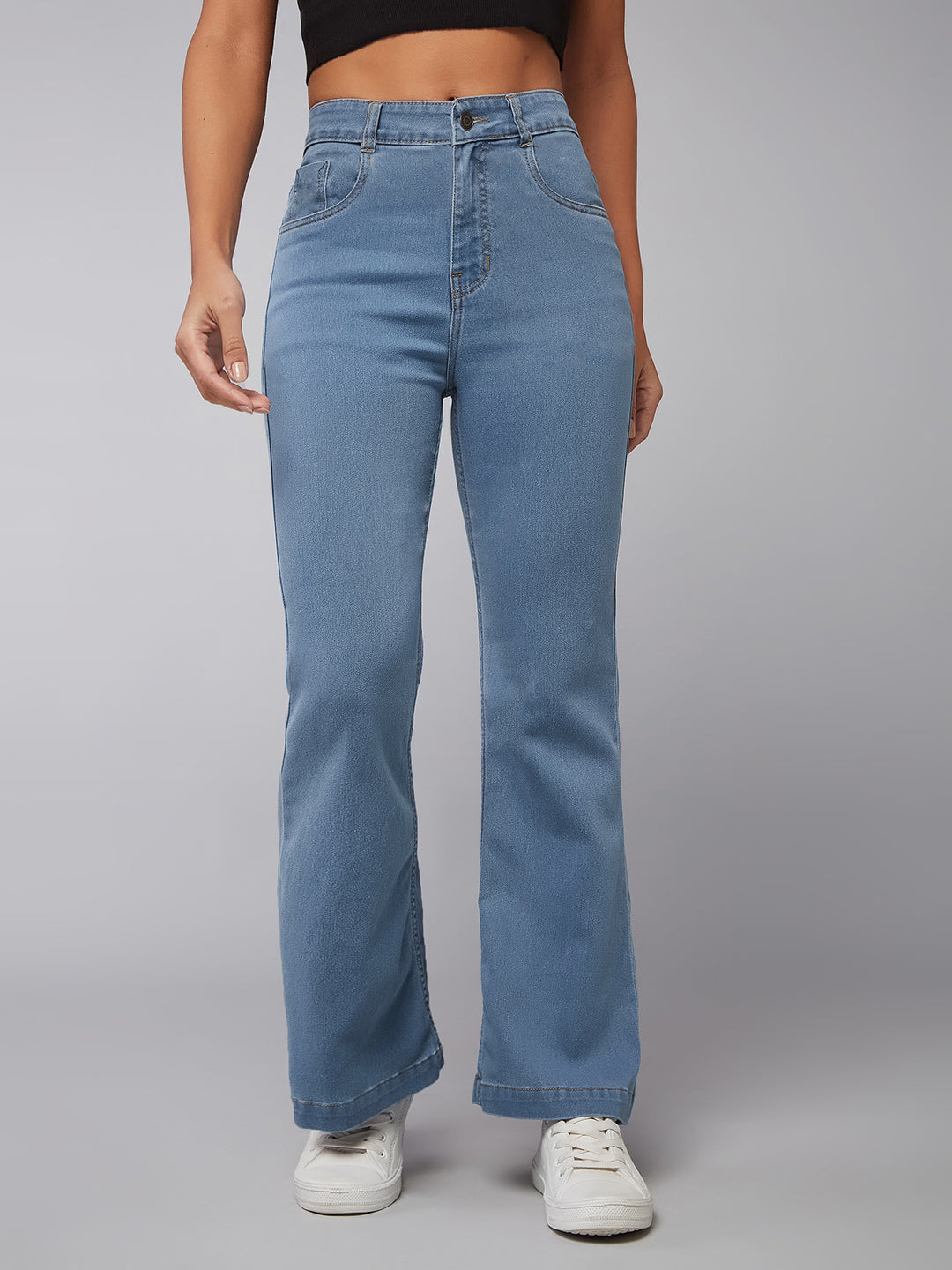 Women's Light Blue Bootcut High-Rise Clean-Look Regular Stretchable Denim Jeans