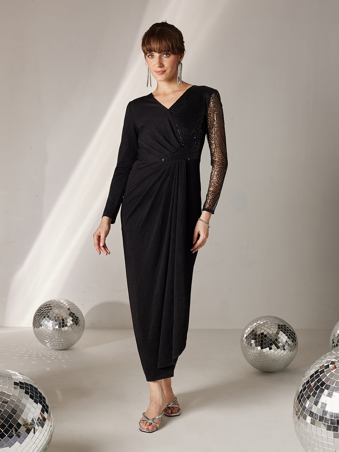 Women's Black V-Neck Full Sleeve Embellished Pleated Longline Dress