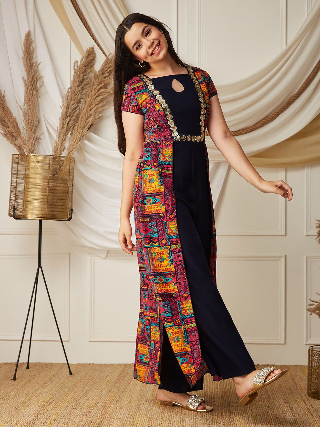 Multicolored-Base-Navy Blue Keyhole-Neck Regular Sleeve Bohemian Paneled Viscose-Rayon Regular-Length Jumpsuit