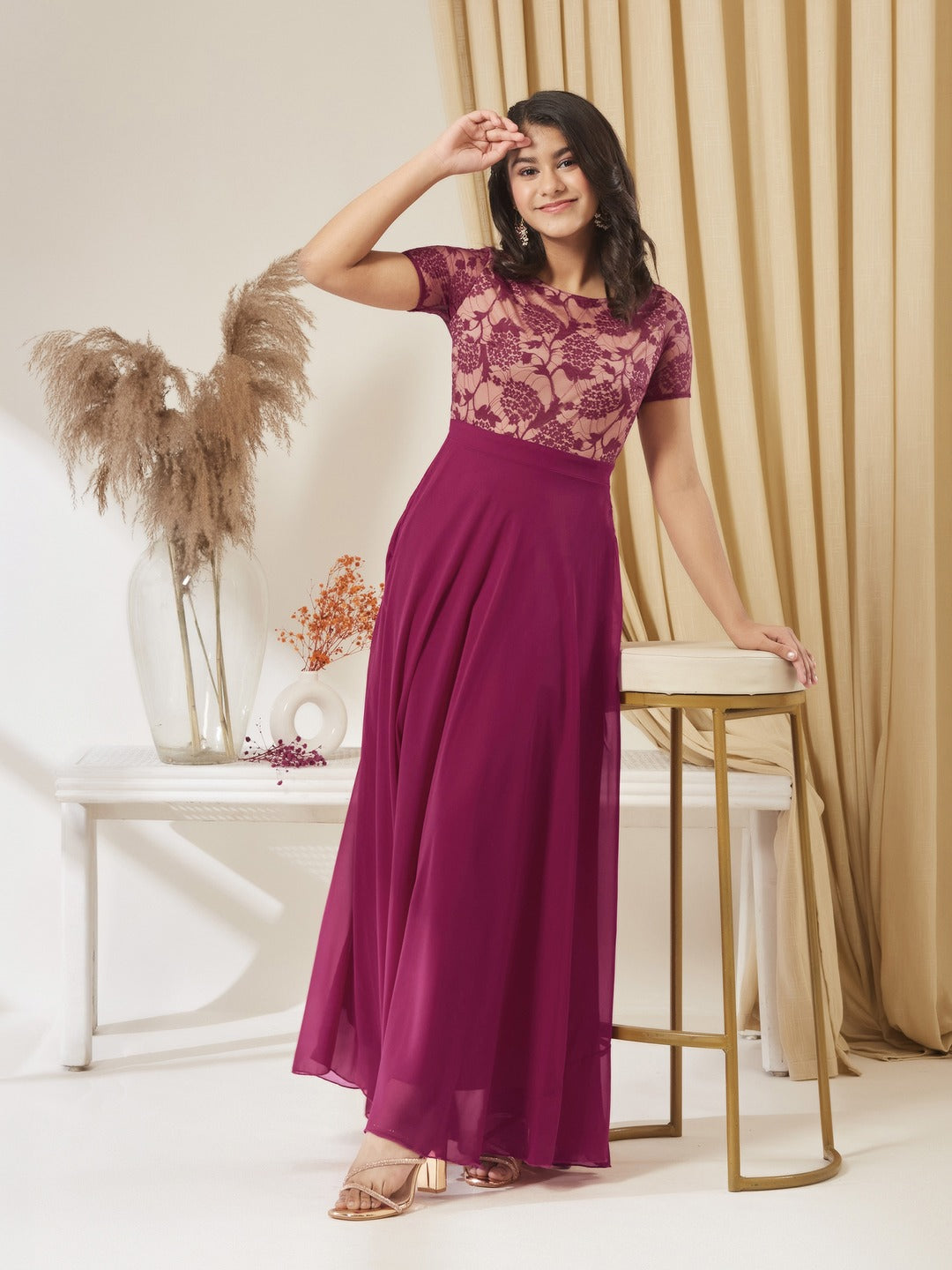 Dark Pink Round Neck Half Sleeve Self-Designed Fit & Flare Georgette Maxi Dress for Girls/Teenagers