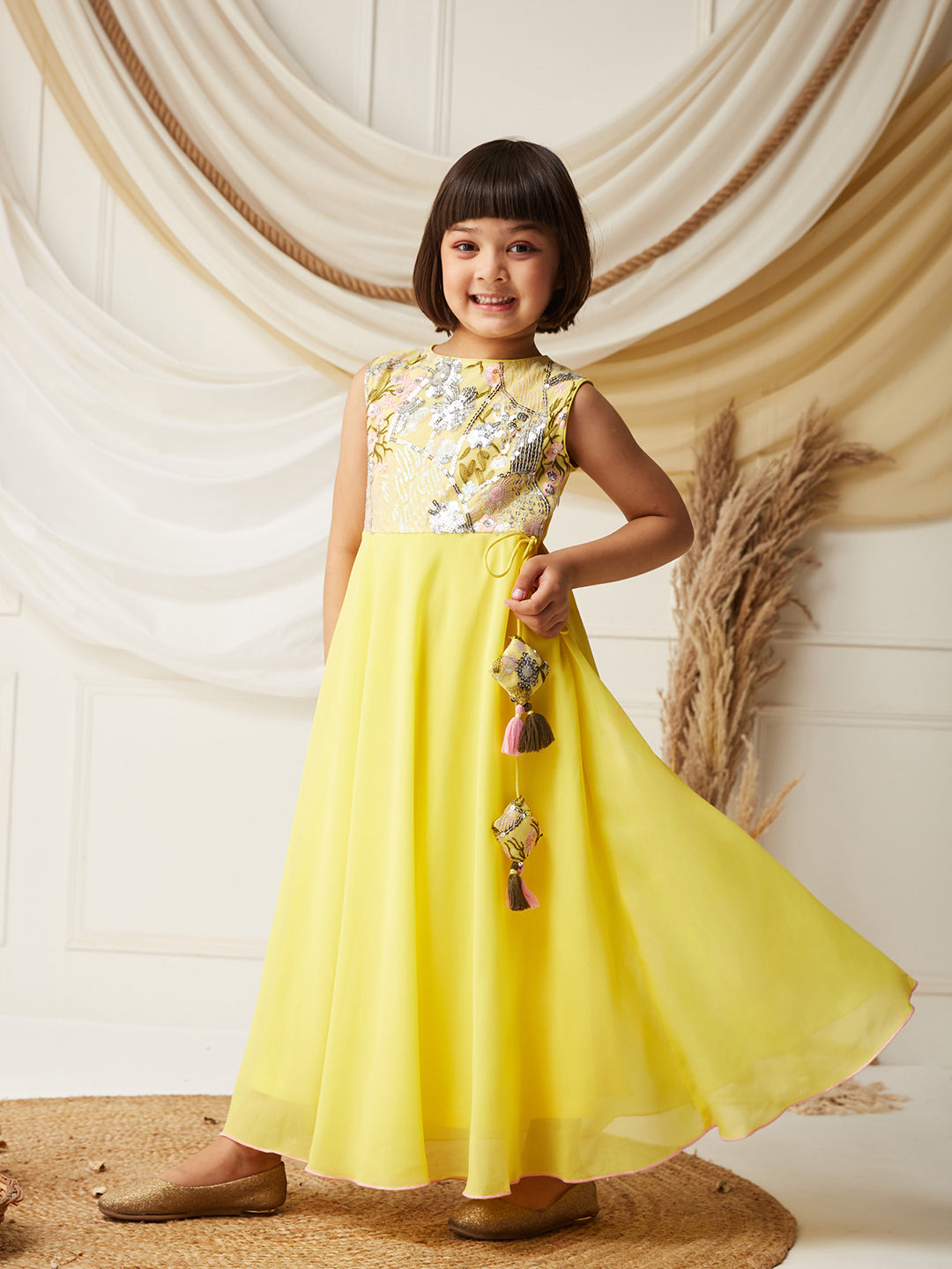 Multicolored-Base-Light Yellow Round-Neck Sleeveless Embellished Flared Polyester Maxi Dress