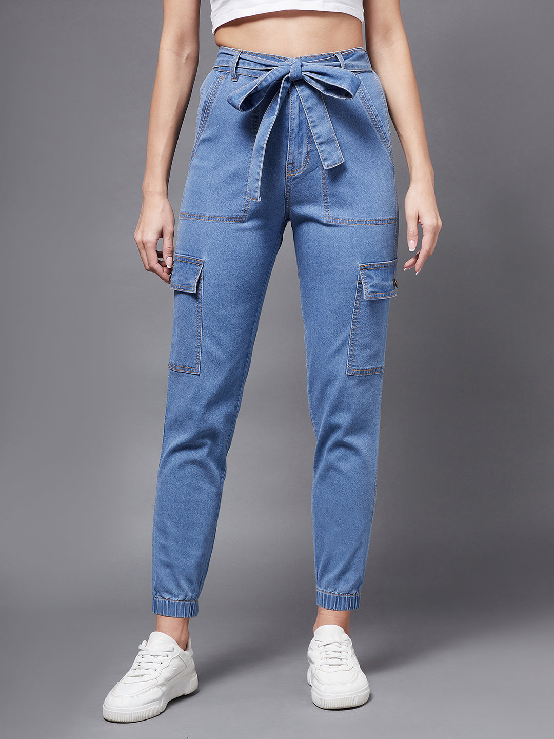 Women's Blue High-Rise Stretchable Denim Joggers