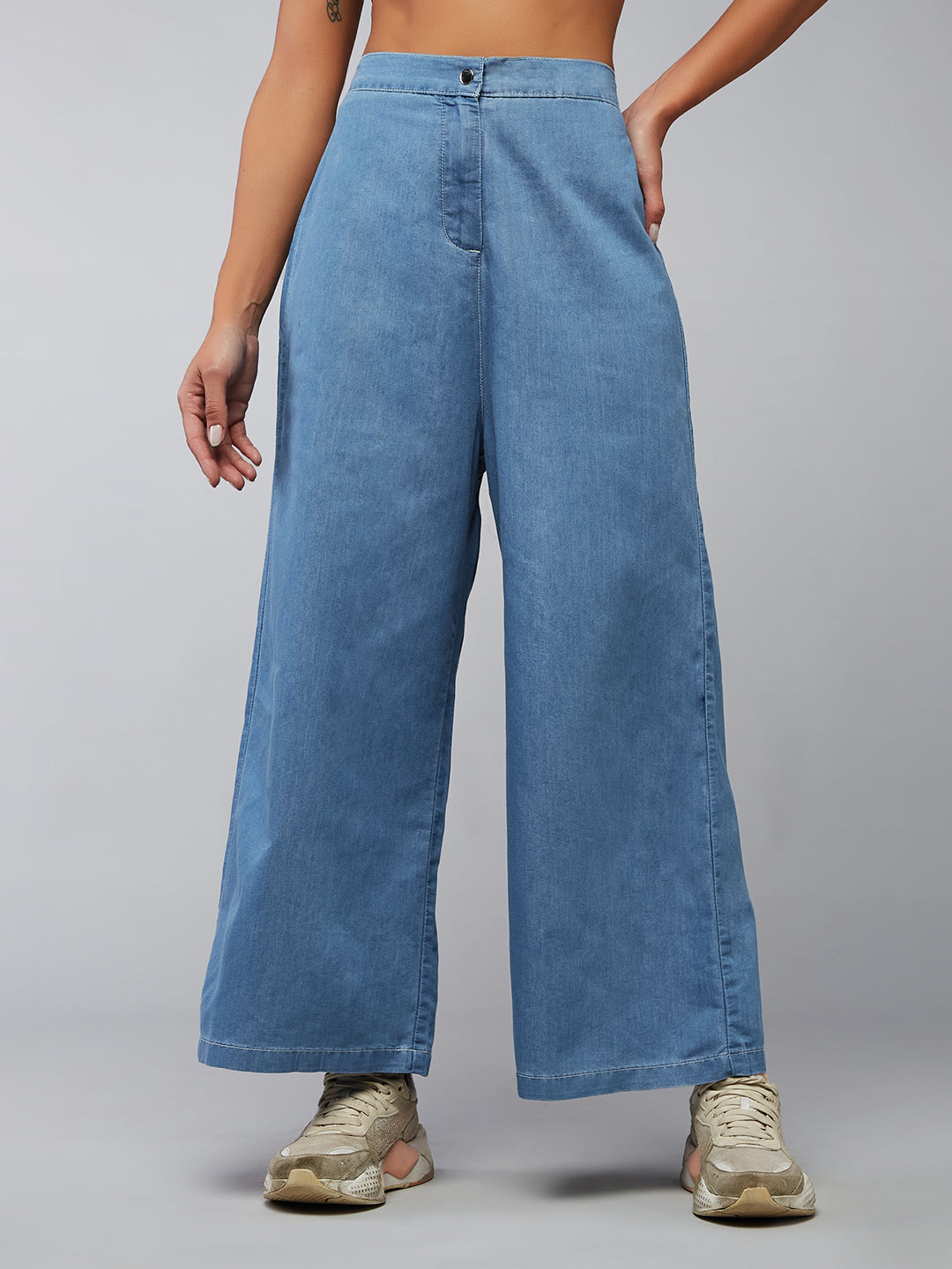 Women's Blue Flared Wide-Leg High-Rise Light Weight Non Stretchable Denim Culottes Pants