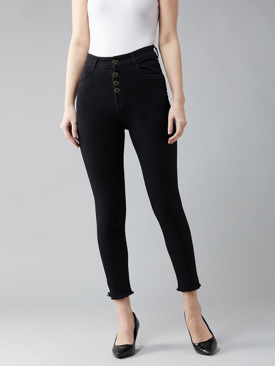 24/7 Comfort Black Skinny High-Rise Cropped Fringed Hemline Stretchable Denim Jeans