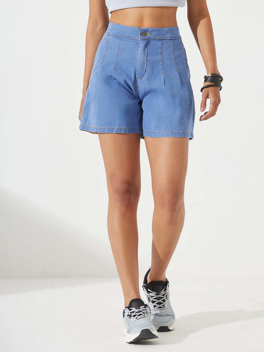 Blue Flared High-Rise Regular-Length Stretchable Special Light-Weight Denim Shorts for Women