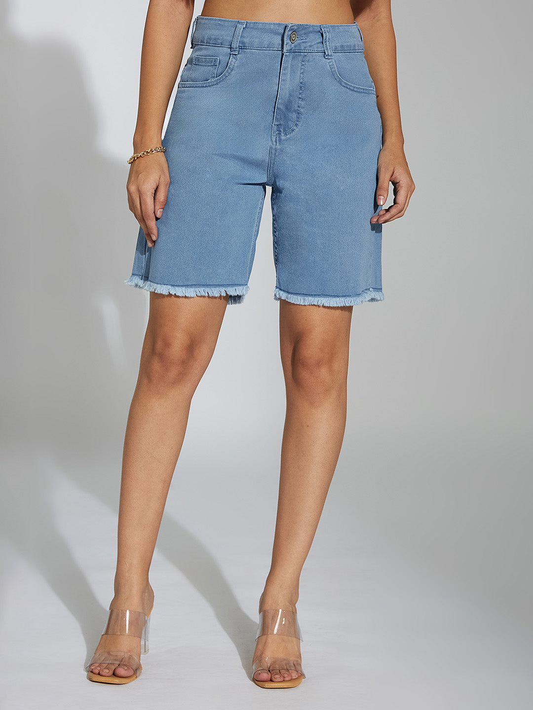 Light-Blue High-Rise Above Knee Stretchable Denim Shorts for Women