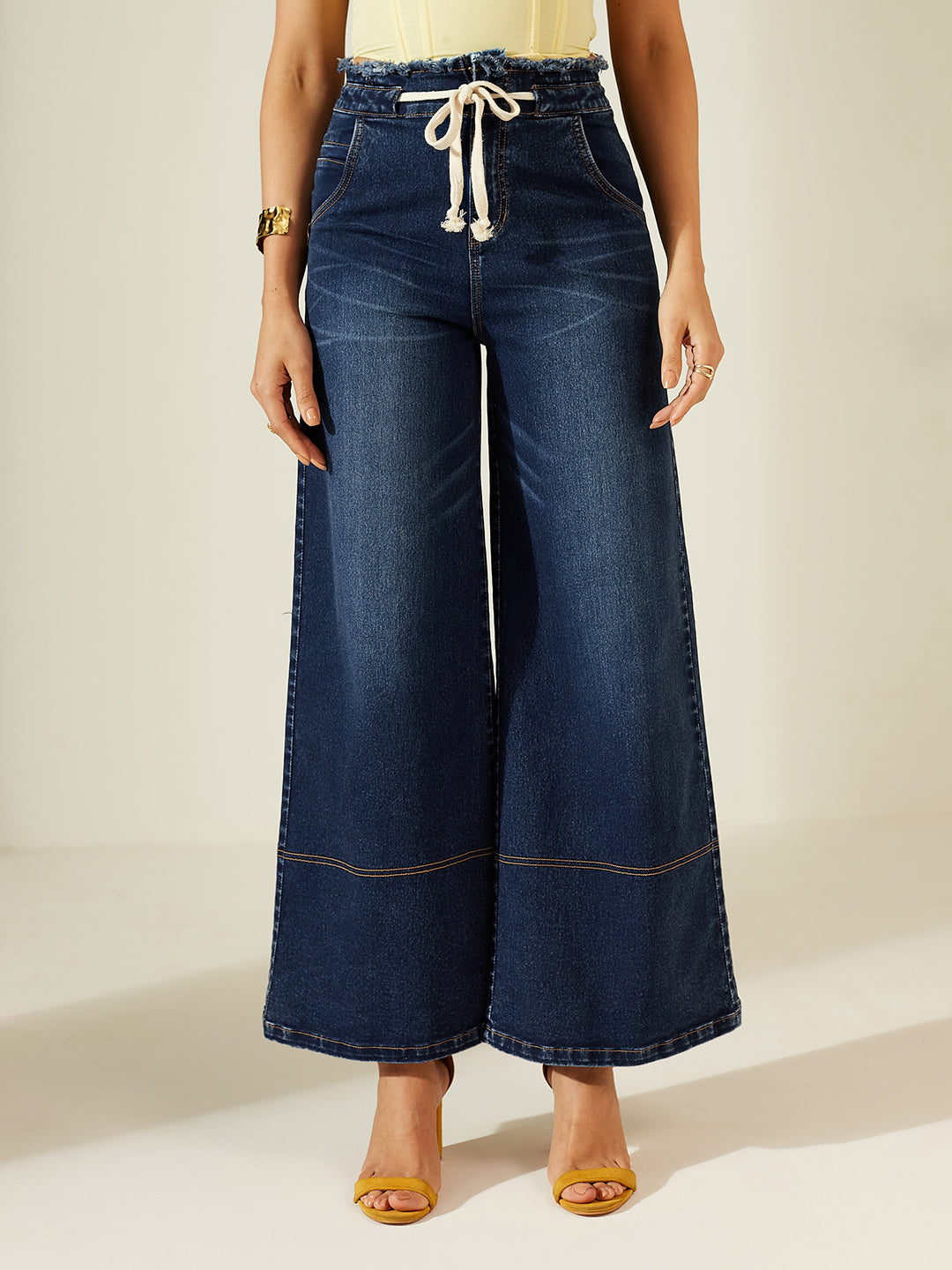 Navy Blue Wide-Leg High-Rise Mild Distressing Stretchable Denim Jeans for Women
