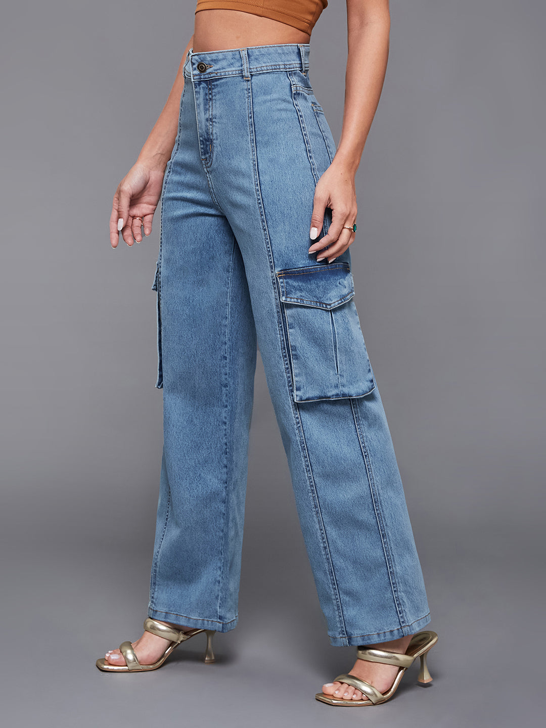 24/7 Comfort Blue Wide-Leg High-Rise Stretchable Cargo Denim Jeans
