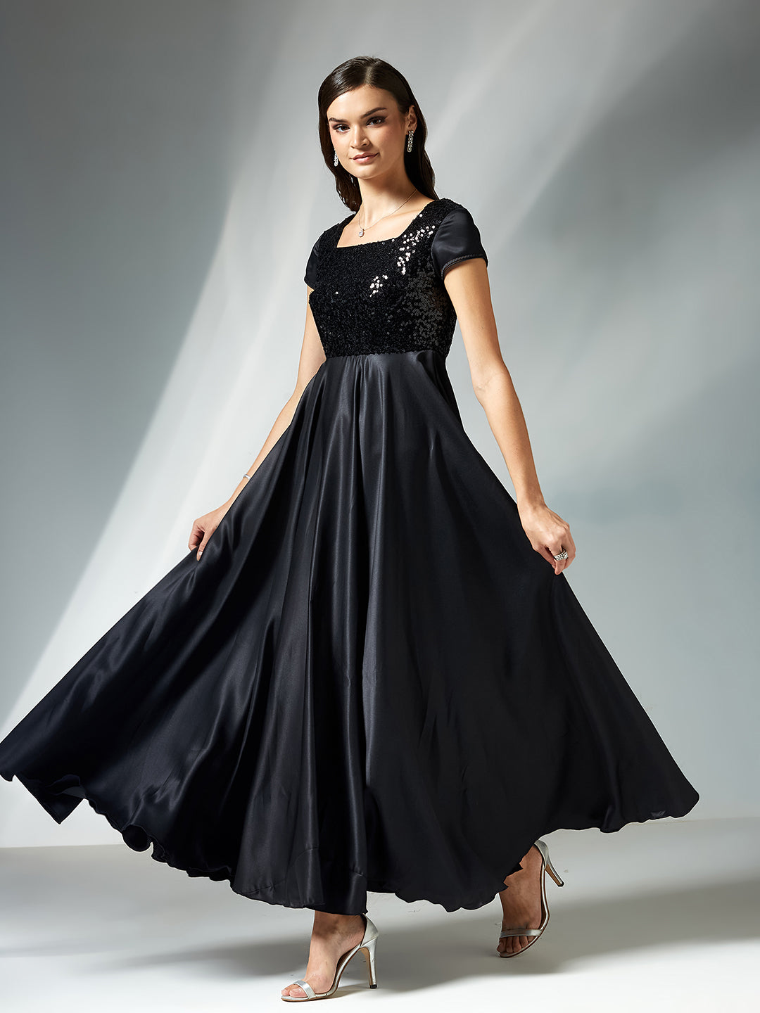 Women's Black Square Neck Short Sleeve Embellished Polyester Fit & Flare Maxi Dress