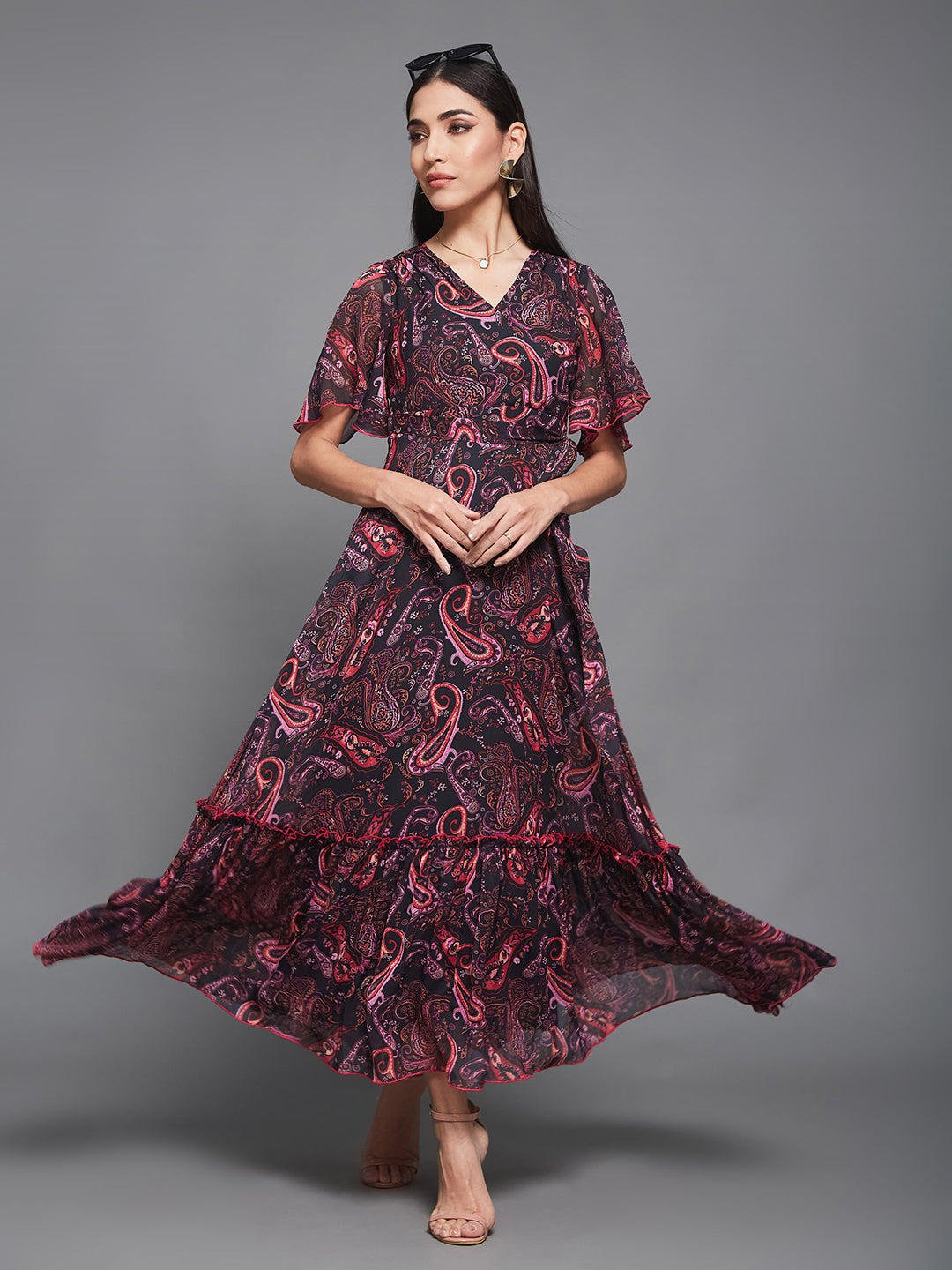 Women's Multicolored Base Black Bohemian V-Neck Flutter Sleeve Chiffon Relaxed Fit Wrap Maxi Dress
