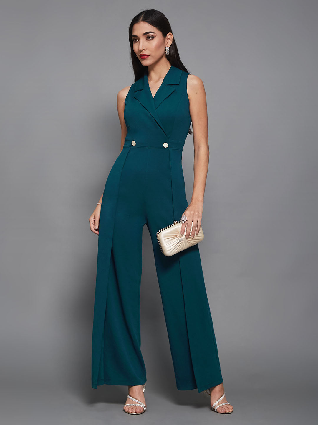Women's Teal Notched Collar Sleeveless Solid Wrap Regular-Length Jumpsuit