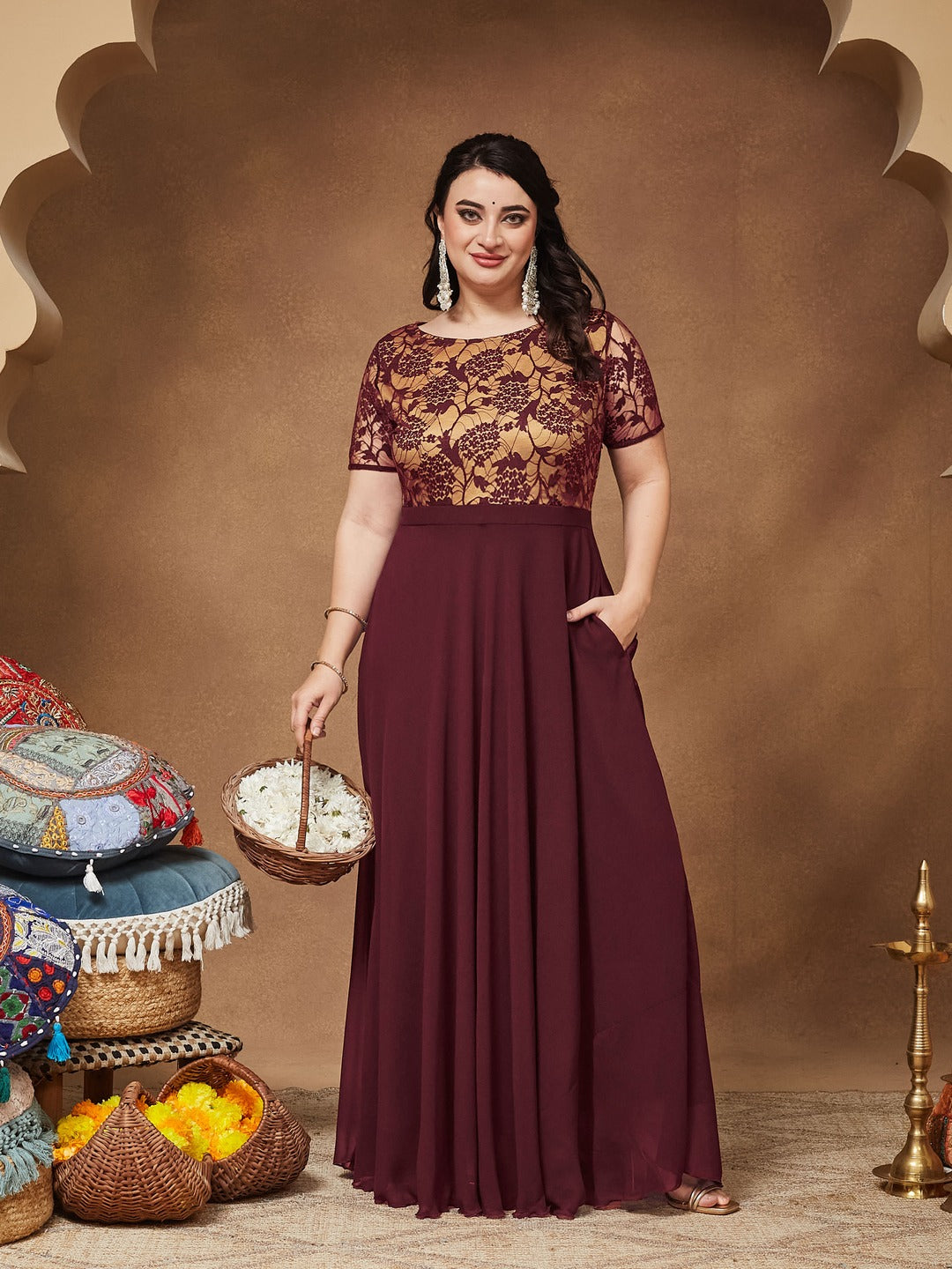 Wine & Beige Relaxed Fit Regular Georgette Dress for Women