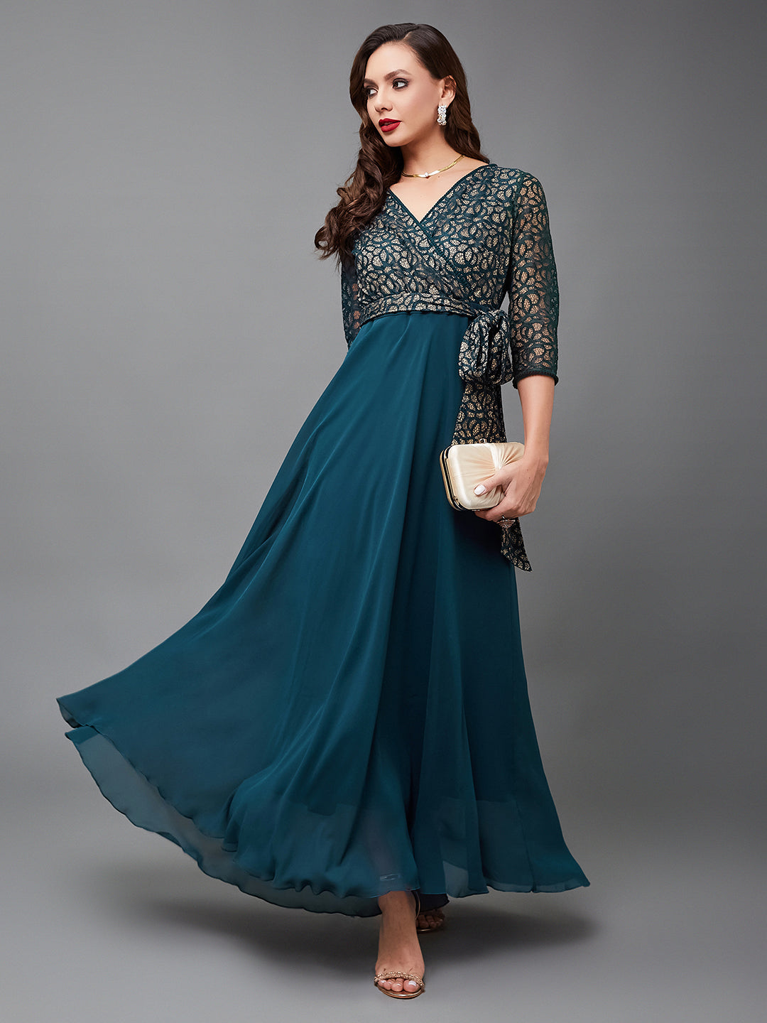 Teal Long Sleeves Fit and Flare Wrap Maxi Dress with Lace Belt for Women | Mehendi to Sangeet Collection