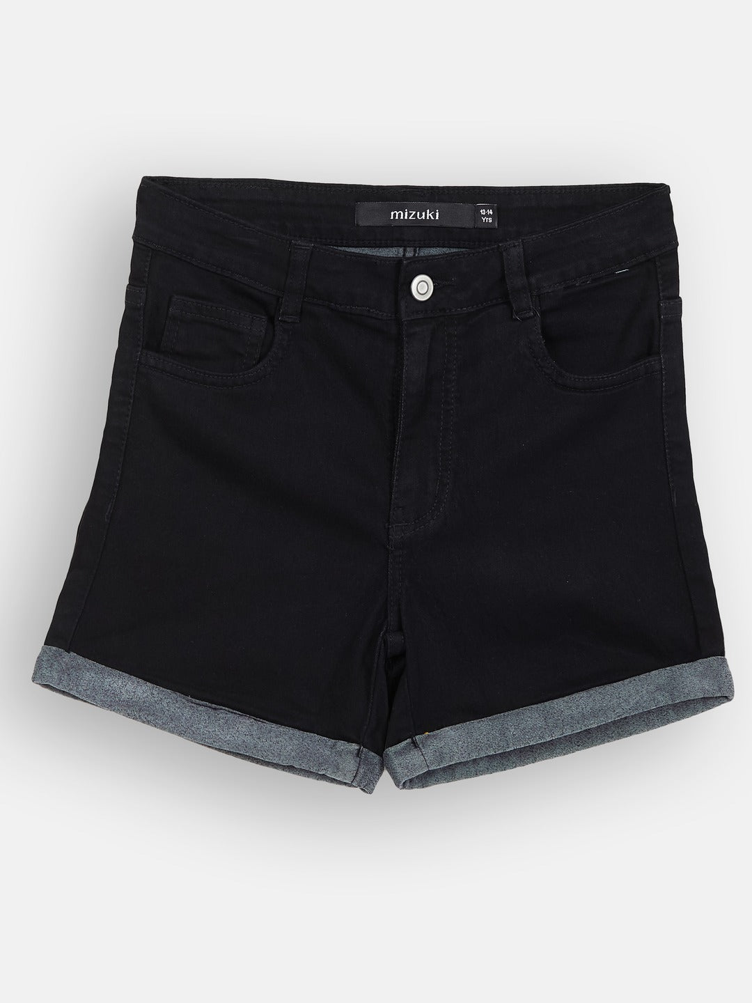 Black Relaxed-Fit Mid-Rise Clean-Look Stretchable Denim Shorts for Girls/Teenagers