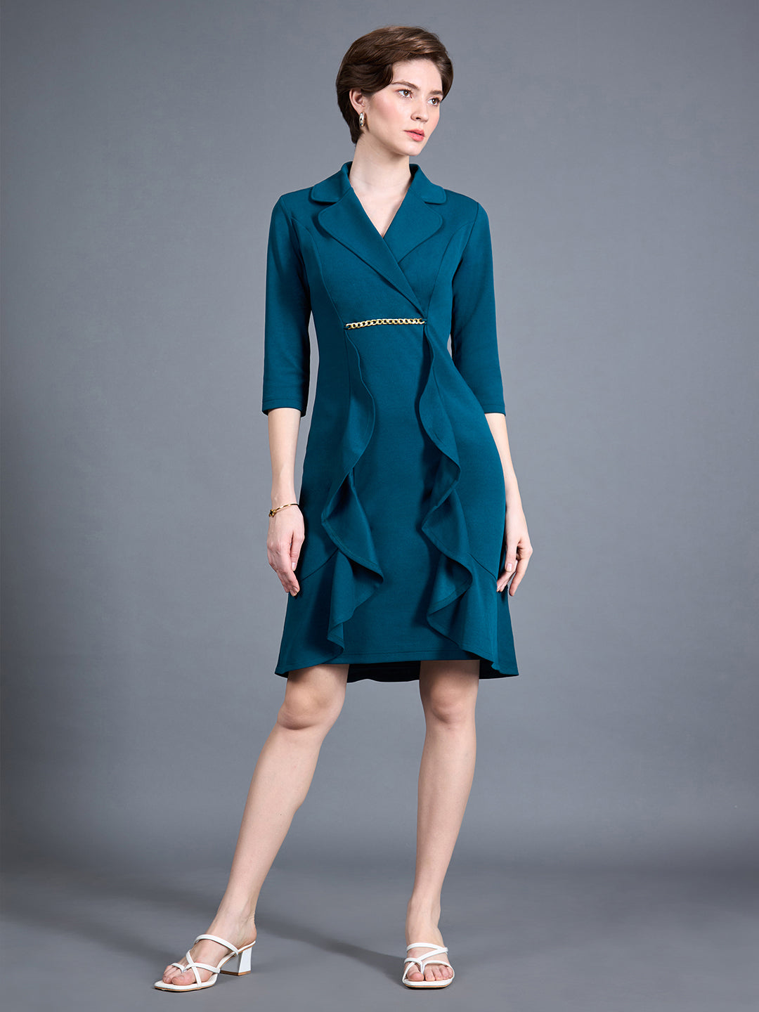 Women's Teal Solid Notched Collar 3/4 Sleeve Blazer Polyester Knee-Long Dress