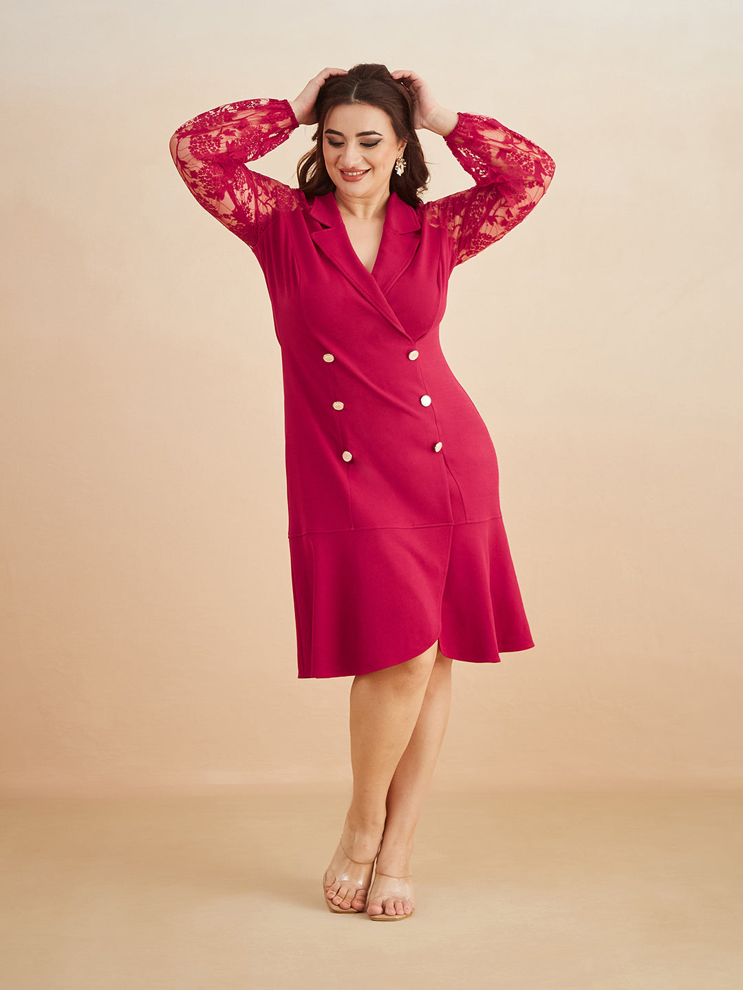 Dark Pink V-neck Full Sleeves Solid Blazer Knee Length Dress for Women