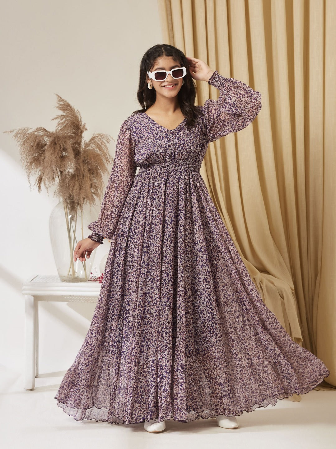 Purple V-Neck Bishop Sleeve Floral Gathered Chiffon Maxi Dress for Girls/Teenagers