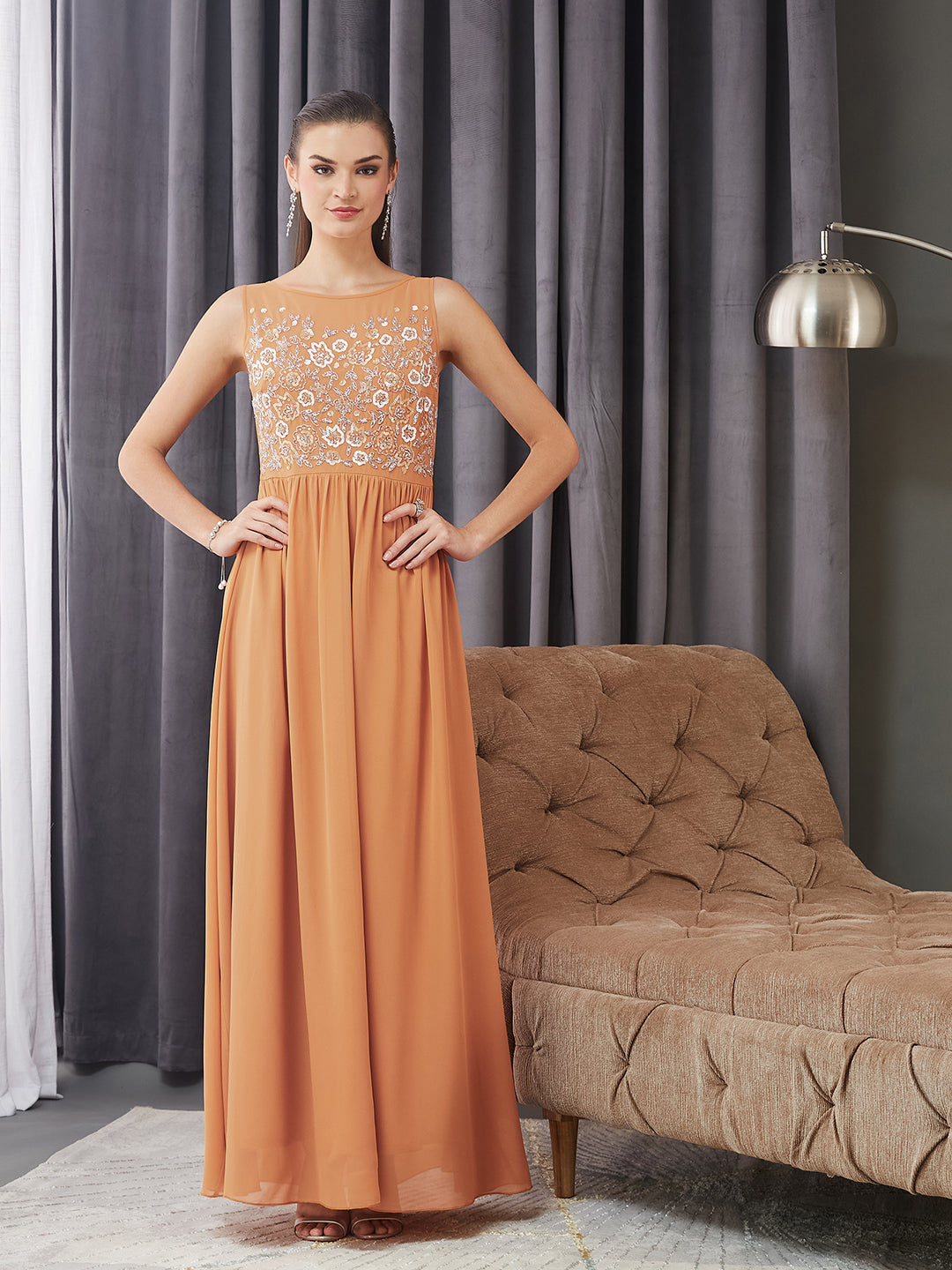open lace back dress Women's Dusty Orange Boat Neck Sleeveless Embroidered Georgette Gathered  Maxi Dress
