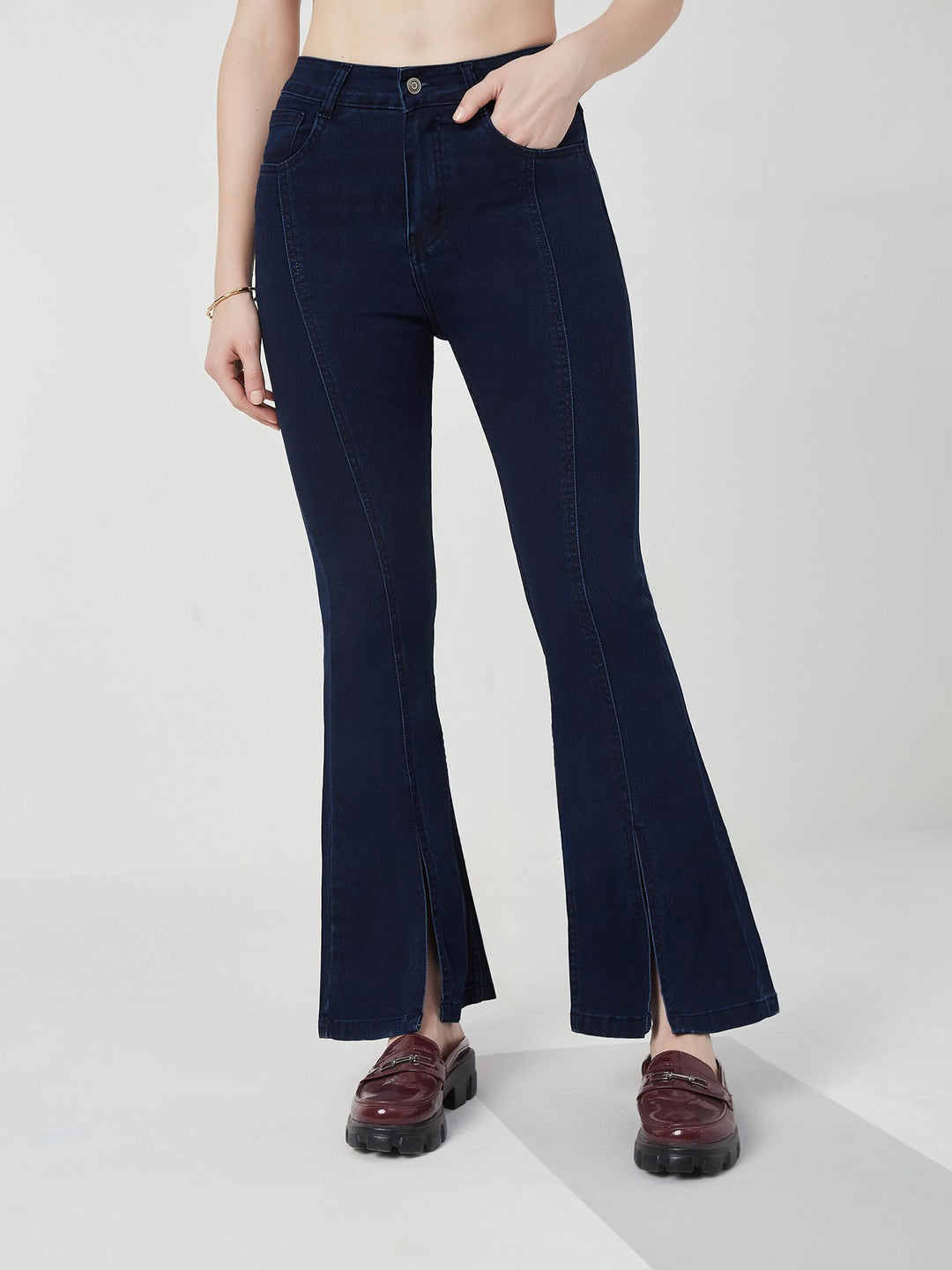 Navy Blue Bootcut high-rise Regular Stretchable Denim Jeans for Women