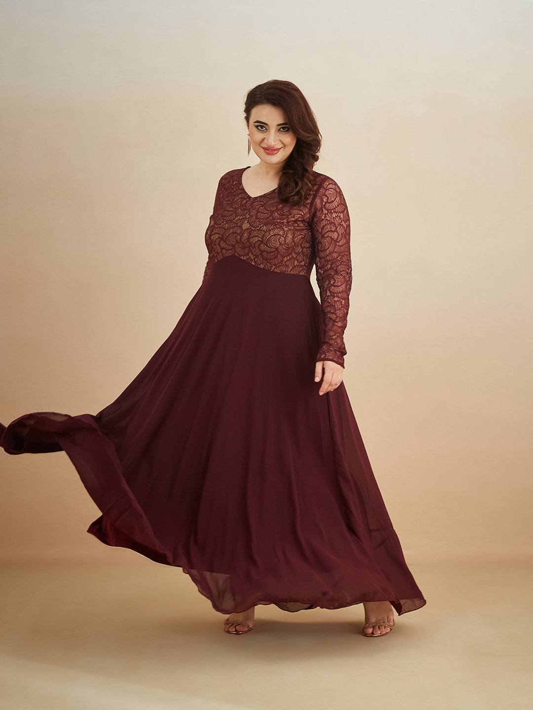 Wine V-Neck Full Sleeve Self Design Lace-Overlaid Georgette Maxi Dress for Women