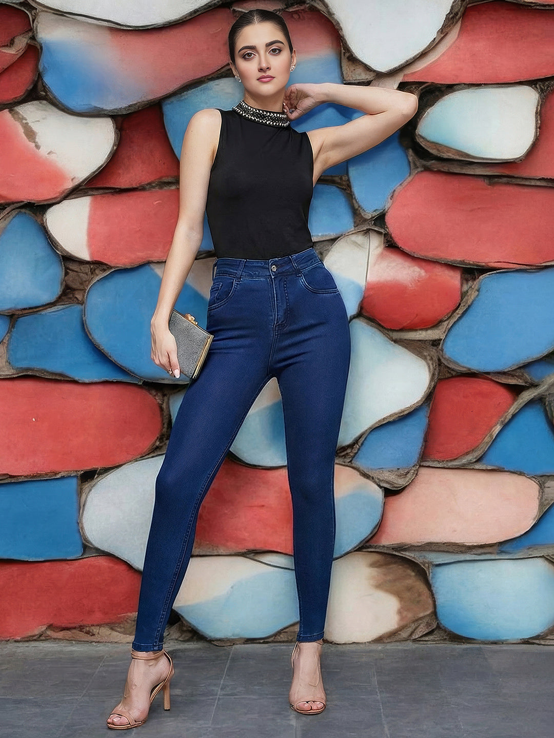 Navy-Blue Skinny-Fit High-Rise Regular Stretchable Denim Jeans for Women