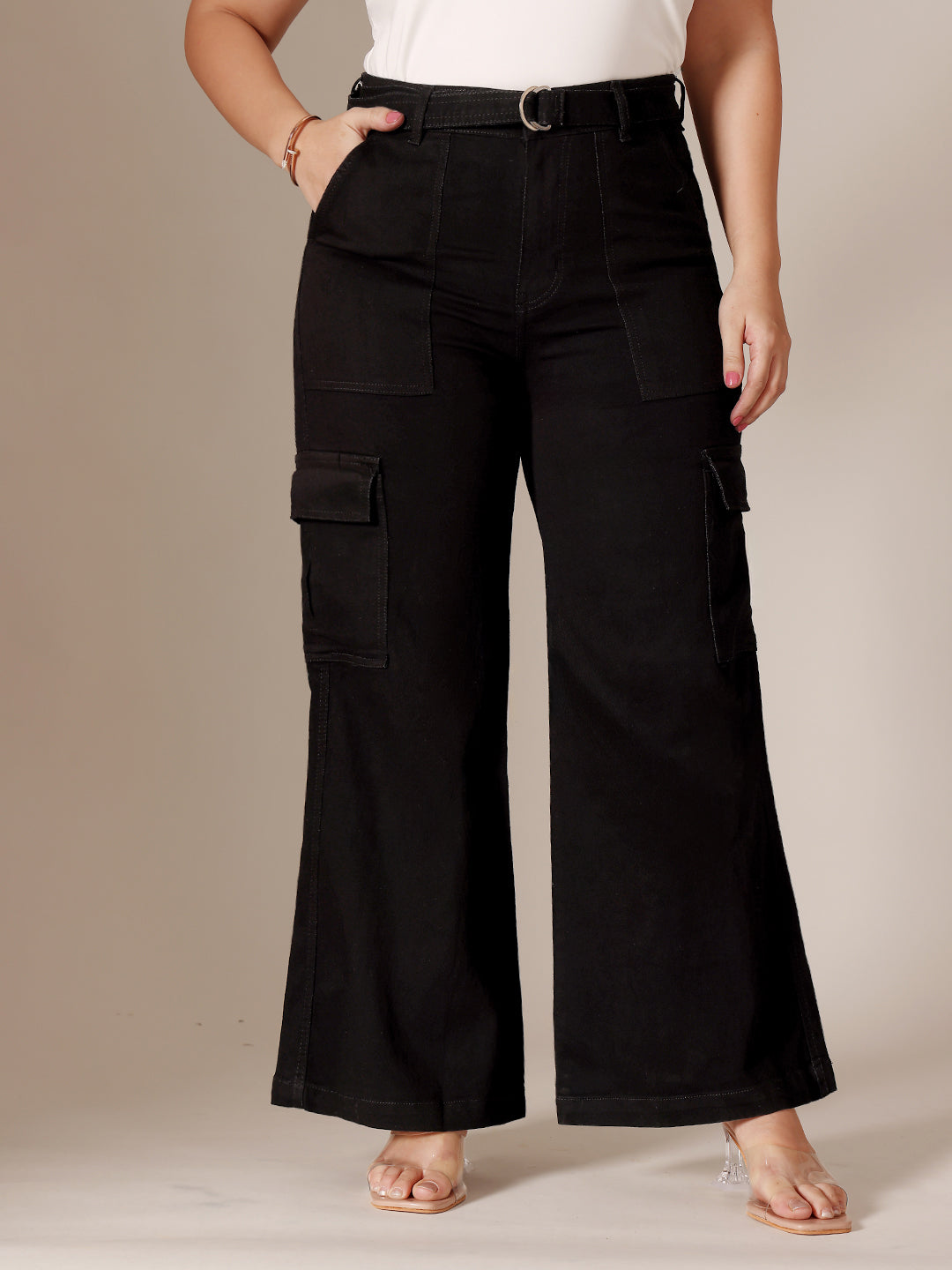 Black Wide leg High rise Clean look Regular Stretchable Denim Jeans for Women
