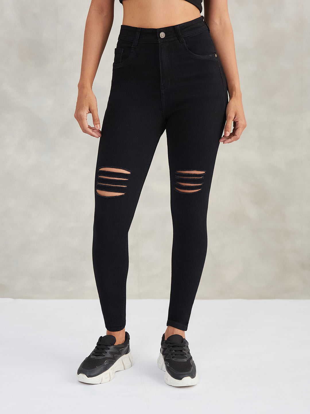 Women's Black Slim-Fit High-Rise Mild-Distress Ripped Denim Stretchable Jeans