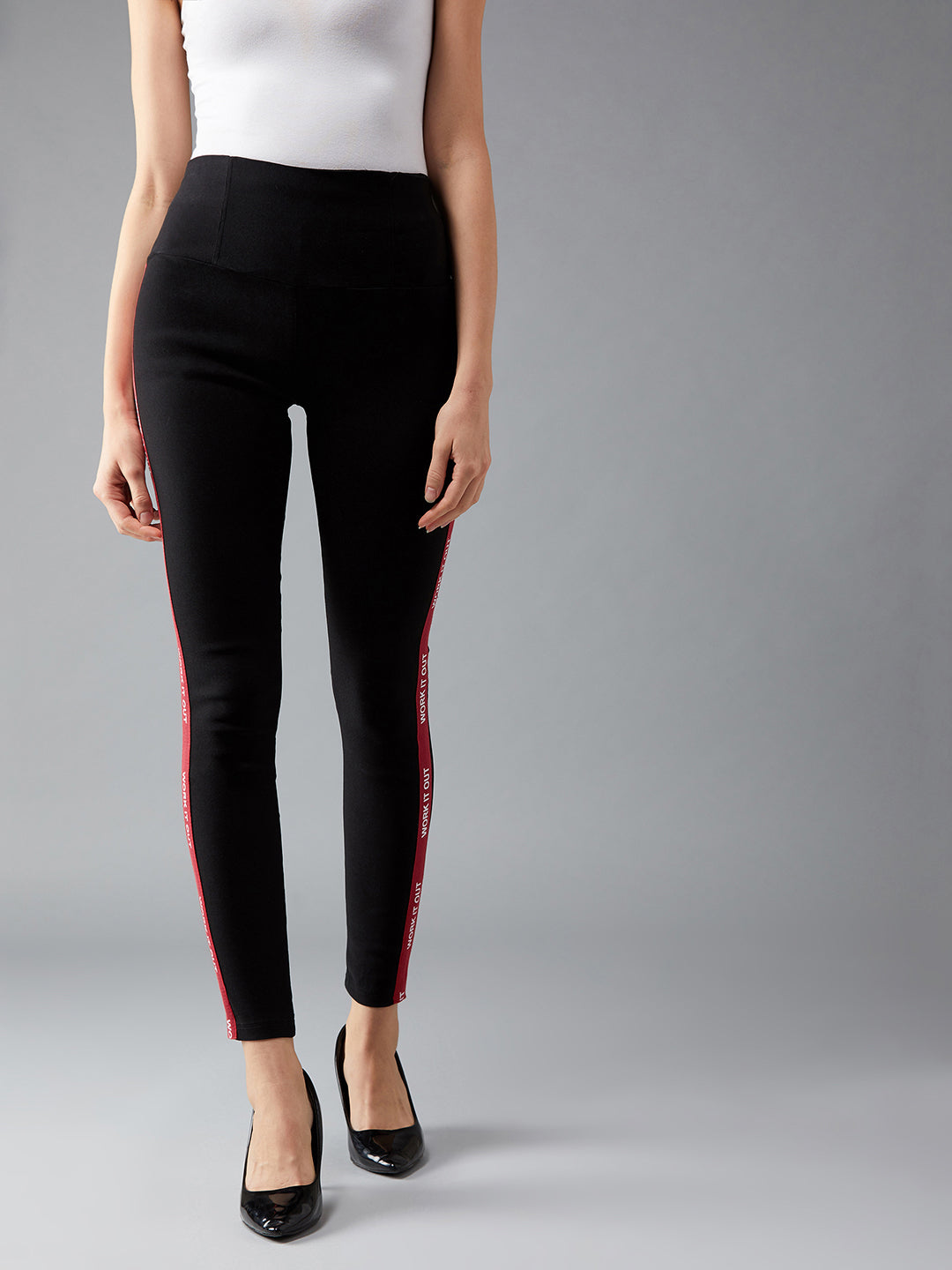 Women's Black Twill Tape Detailing Solid High-Waist Regular Length Patch Pocket Treggings