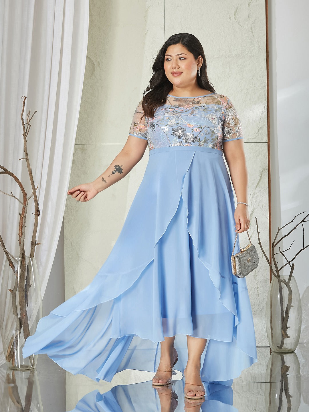 Sky Blue Round Neck Short Sleeve Floral Layered Georgette Midi Dress for Women
