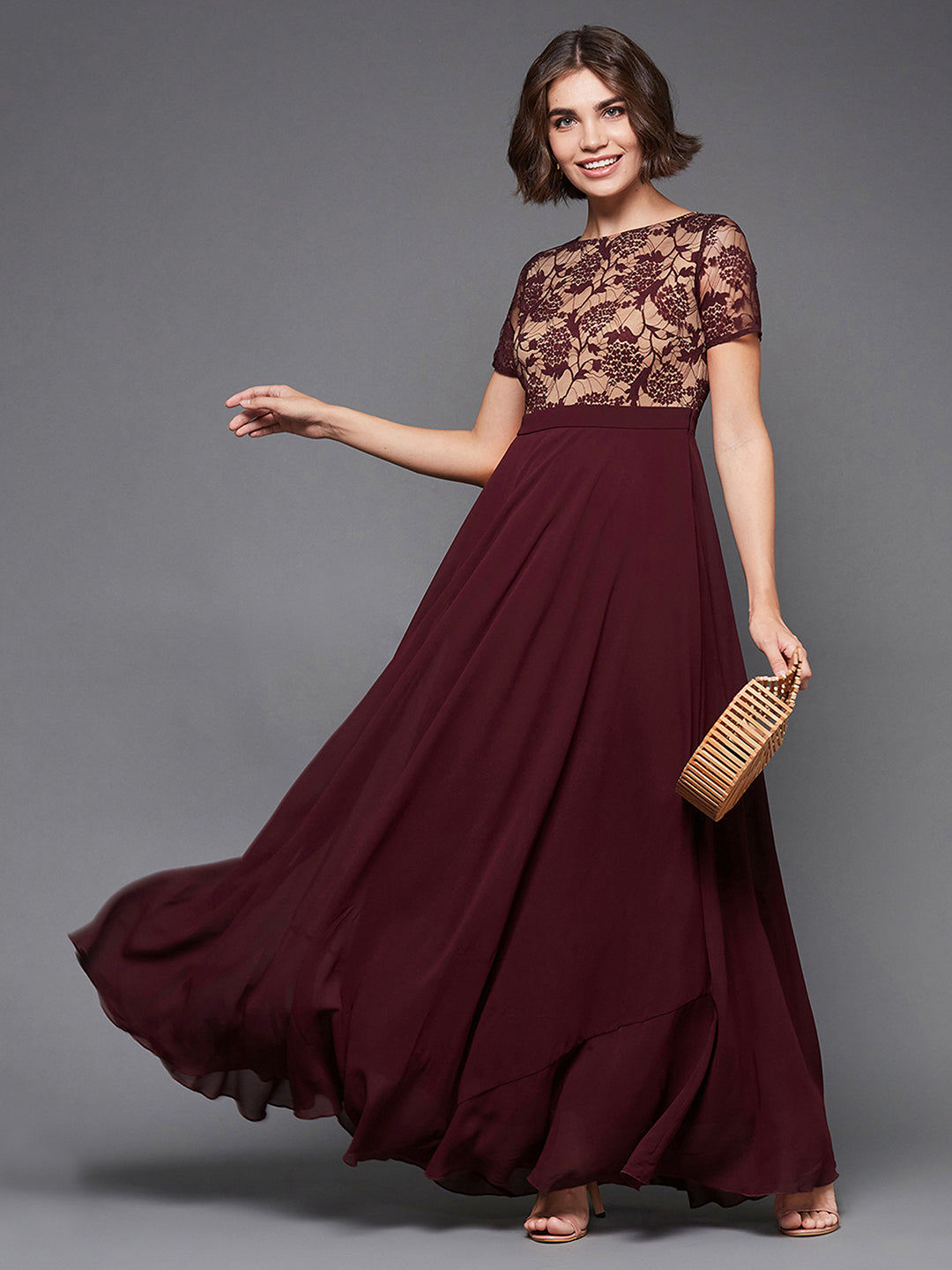 Wine Short Sleeves Lace Fit and Flare Maxi Dress Long Dress Frock for Women