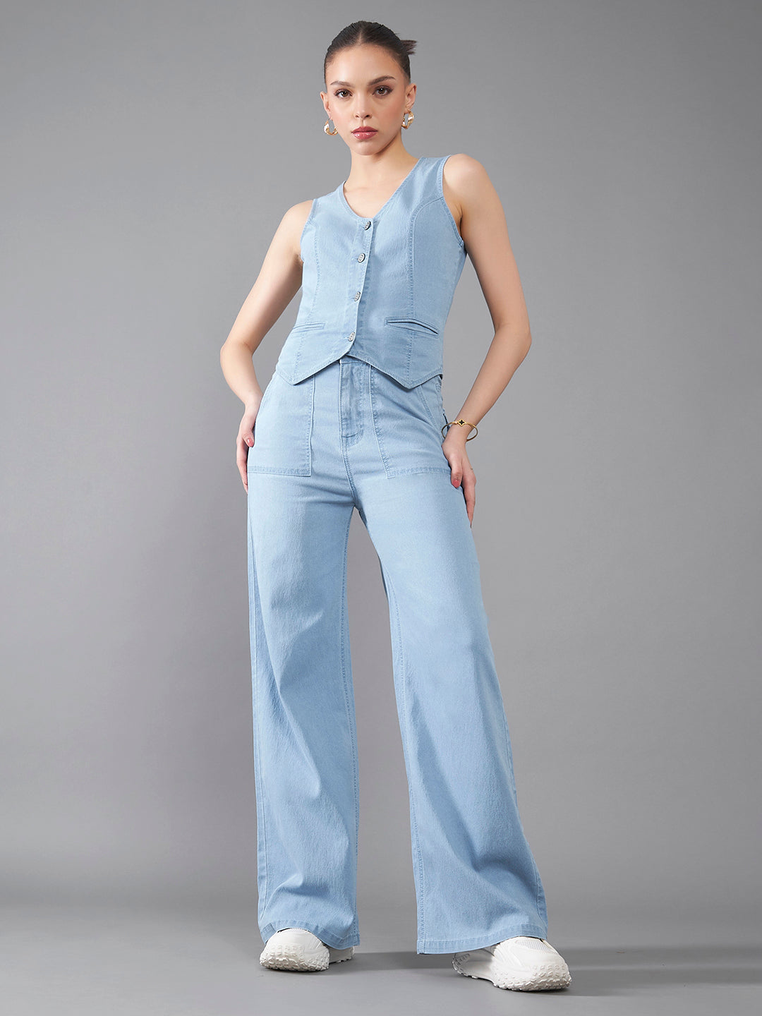 Women's Light Blue Wide-Leg High-Rise Clean-Look Stretchable Light-weight Denim Co-Ord Set