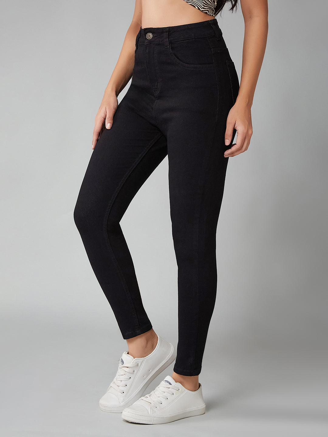 Women's Black Skinny High-Rise Clean-Look Regular Stretchable Denim Jeans