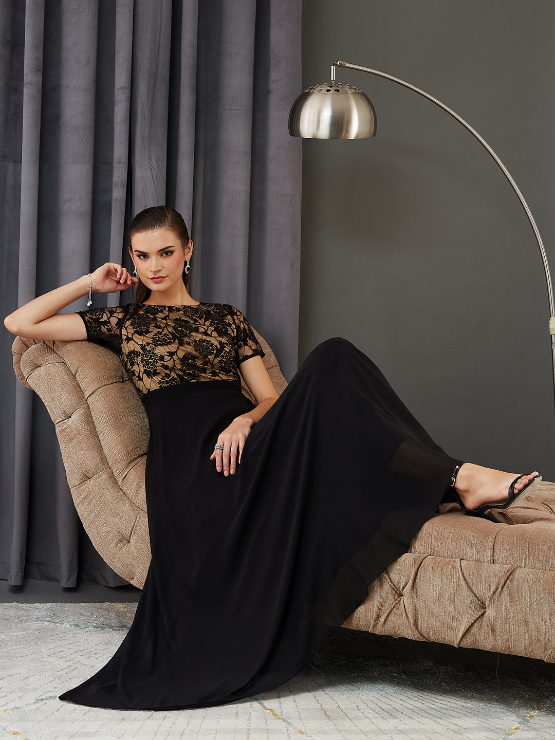 Women's Black Round Neck Half Sleeve Self Design Fit & Flare Georgette Maxi Dress