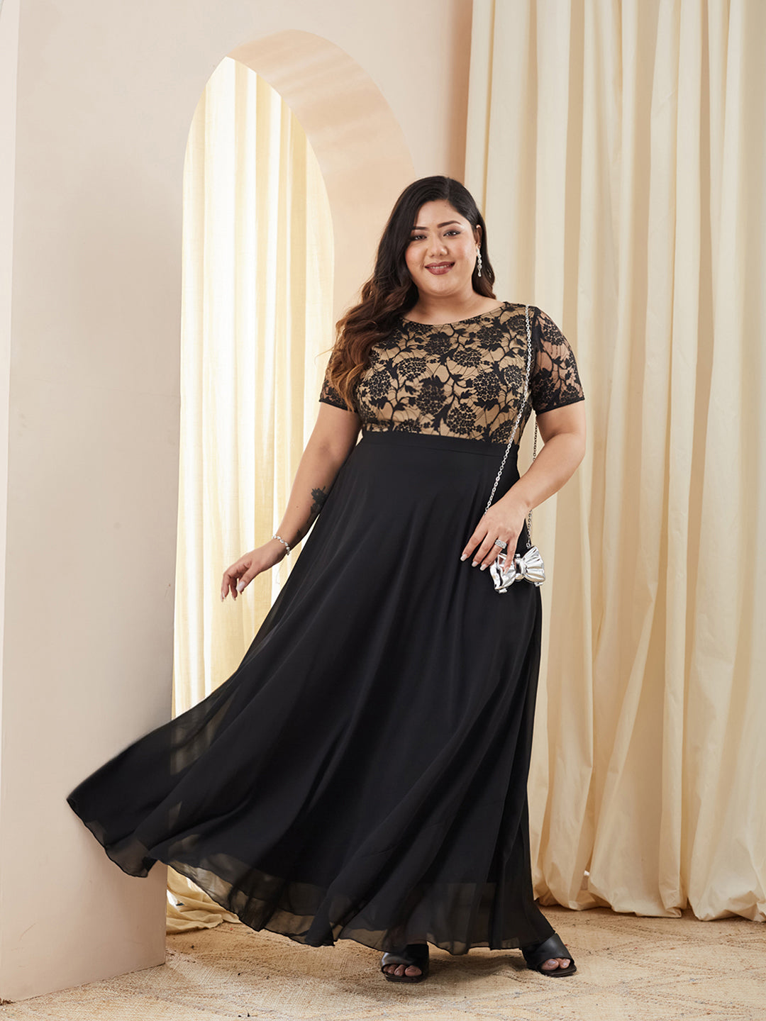 Black Round Neck Half Sleeve Self Design Fit & Flare Georgette Maxi Dress for Women