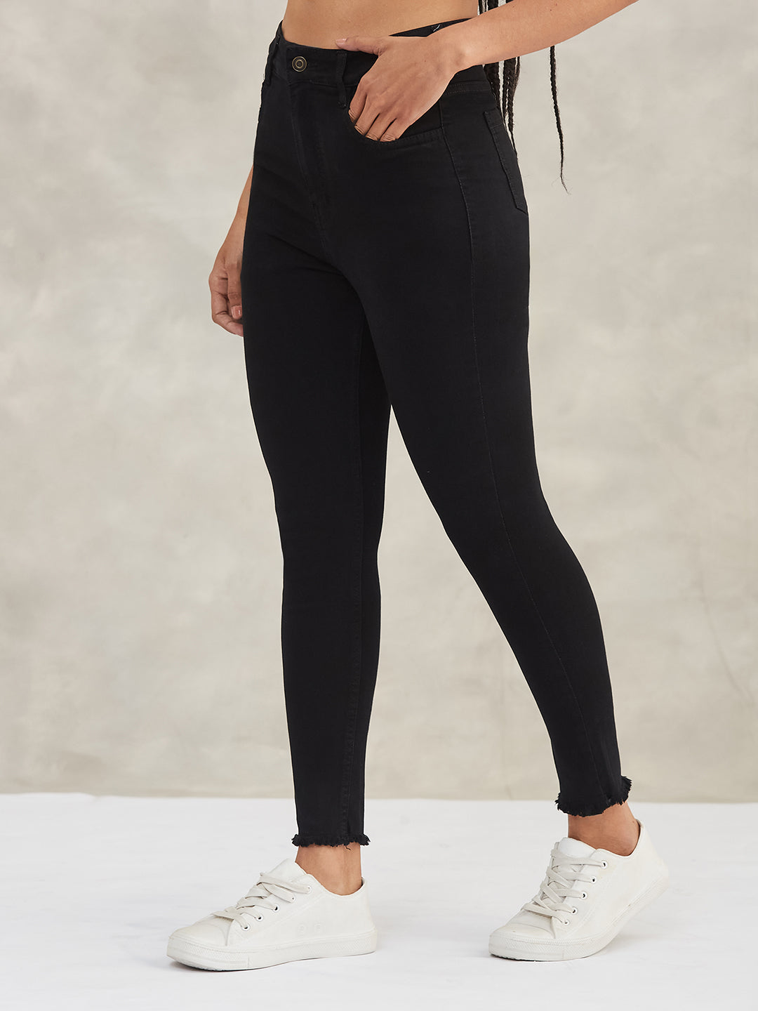 Women's Black Skinny Fringe-Detailing High-Rise Solid Cropped Stretchable Denim Jeans