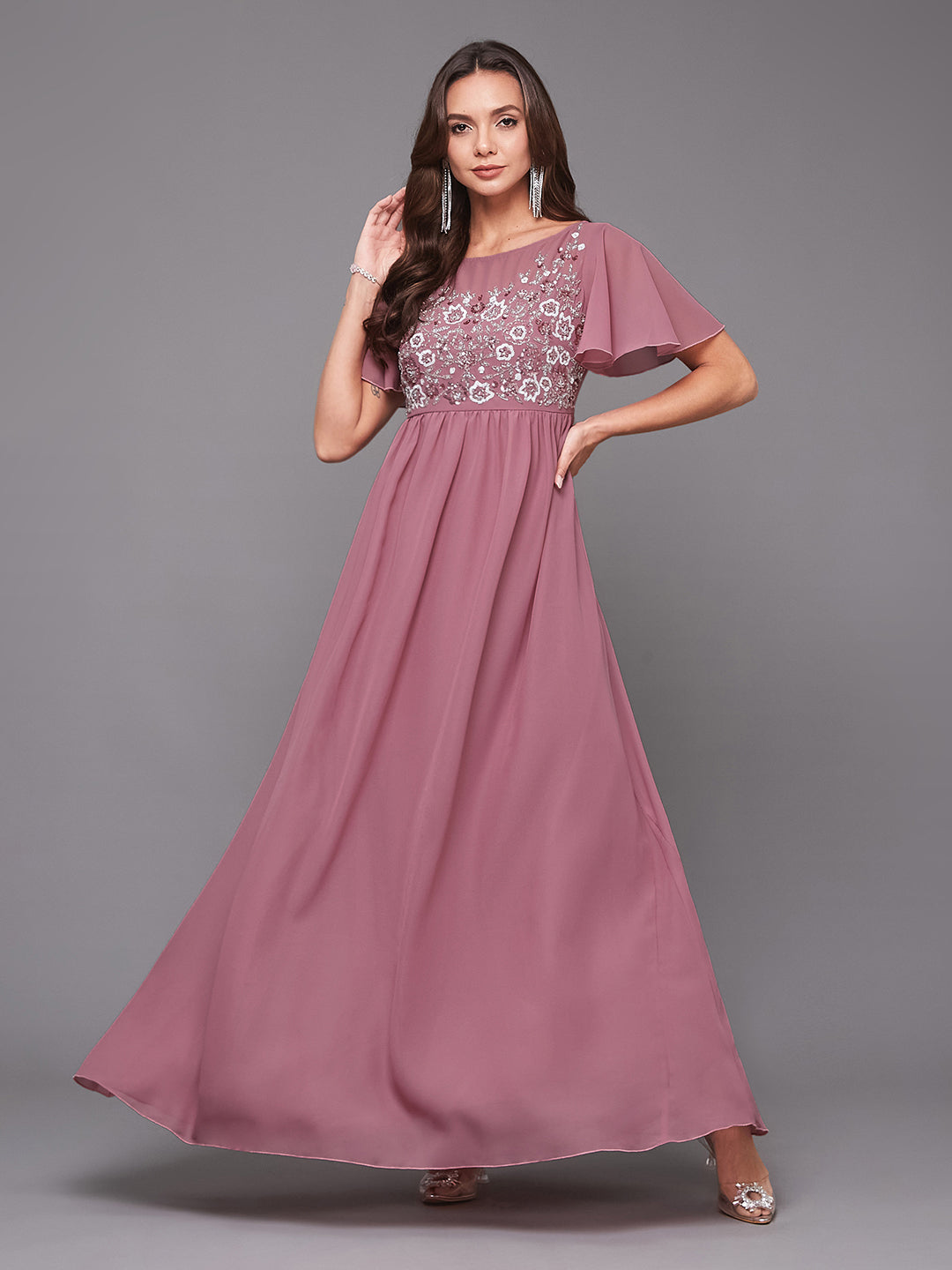 Dusty Lavender Flared Sleeves Fit and Flare Sequinned Maxi Dress Long Dress Frock for Women